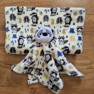 Raccoon Print Baby Blanket & Lovey Security Blanket Set – Cream Blue Tan
